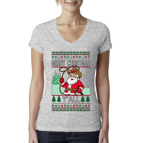 Wild Bobby Merry Christmas Y'all, Santa Christmas Sweater | Funny Holiday Women Junior Fit V-Neck Tee