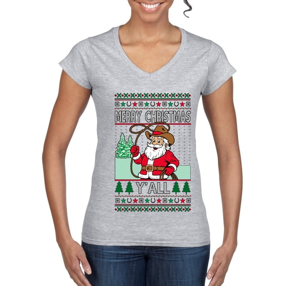 Wild Bobby Merry Christmas Y'all, Santa Christmas Sweater | Funny Holiday Women Standard V-Neck Tee