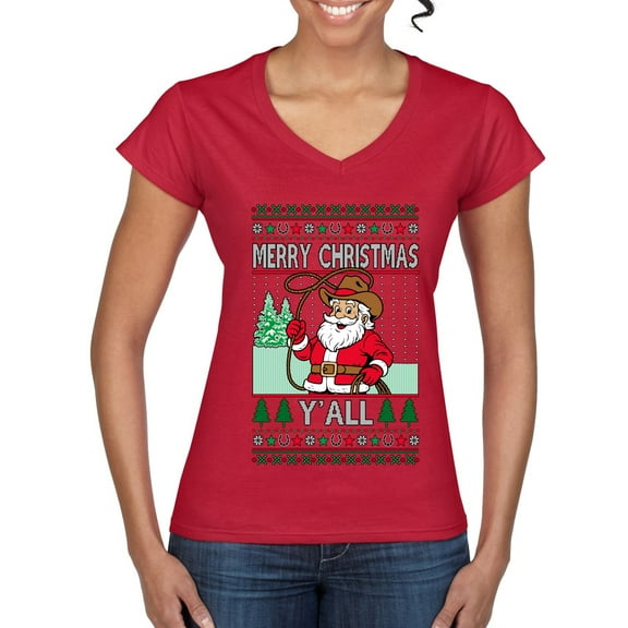 Wild Bobby Merry Christmas Y'all, Santa Christmas Sweater | Funny Holiday Women Standard V-Neck Tee
