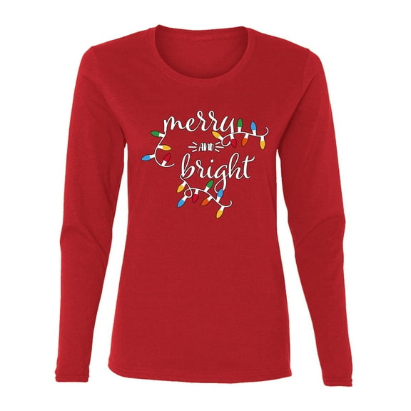 Wild Bobby Merry and Bright Christmas Lights, Cute Festive Colorful Christmas Sweater | Holiday Women Graphic Long Sleeve Tee