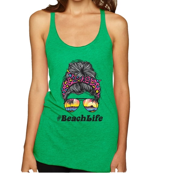 Wild Bobby, Messy Bun BeachLife | Cool Neon Leopard Print Bandana | Sunglasses Vaction Beach Paradise Fashion Tri-Blend Racerback Sleeveless Top, Envy, M