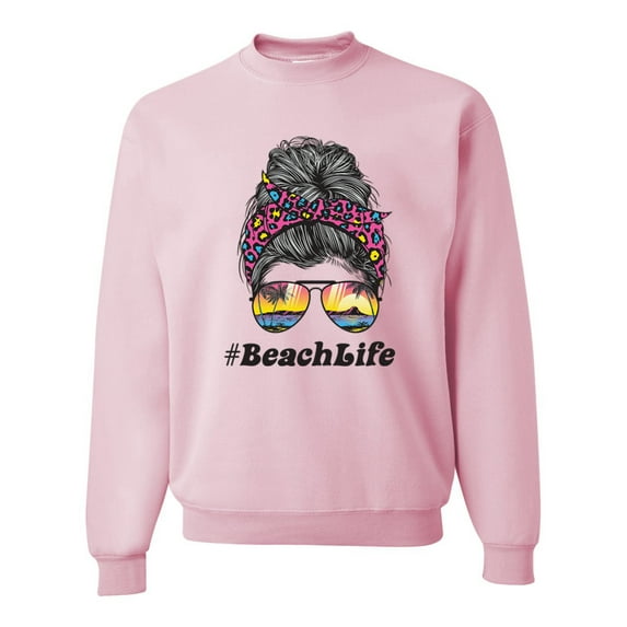 Wild Bobby, Messy Bun BeachLife | Cool Neon Leopard Print Bandana | Sunglasses Vaction Beach Paradise Fashion Unisex Crewneck Sweatshirt, Light Pink, S