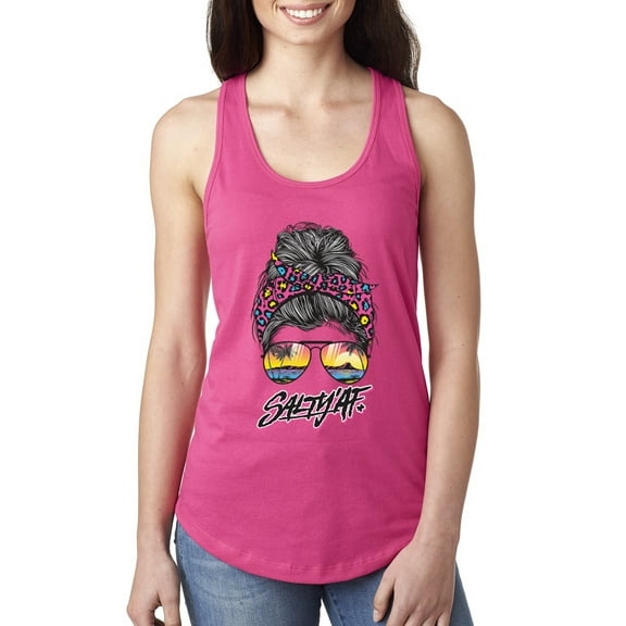 Wild Bobby, Messy Bun Salty AF | Cool Neon Leopard Print Bandana | Fashion Ladies Racerback Sleeveless Top, Raspberry, M