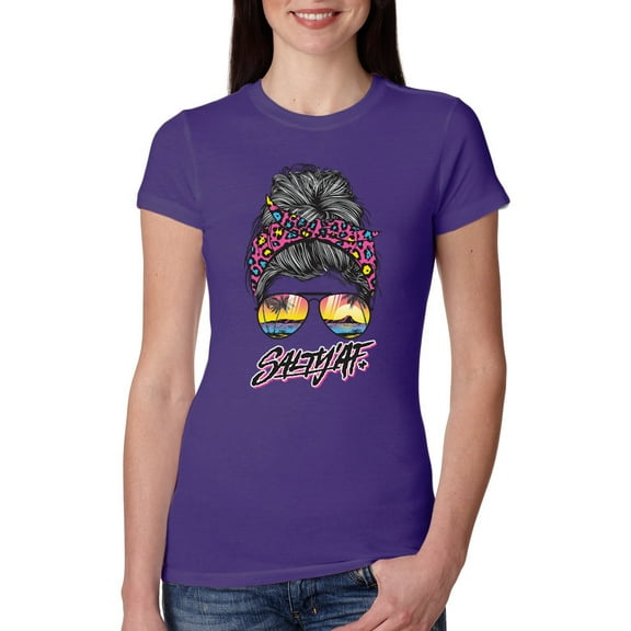 Wild Bobby, Messy Bun Salty AF | Cool Neon Leopard Print Bandana | Fashion Womens Slim Fit Junior Tee, Purple Rush, S