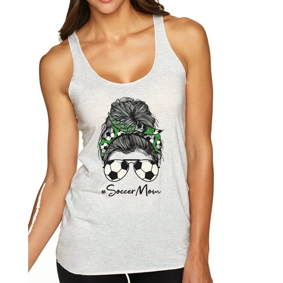 Wild Bobby, Messy Bun Soccer Life | Mom Life Game Day Vibes Sports Lover | Mother's Day Sports Tri-Blend Racerback Sleeveless Top, Heather White, L