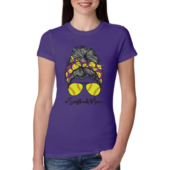 Wild Bobby, Messy Bun Softball Mom Life Game Day Vibes Sports Lover | Mother's Day Sports Womens Slim Fit Junior Tee, Purple Rush, S
