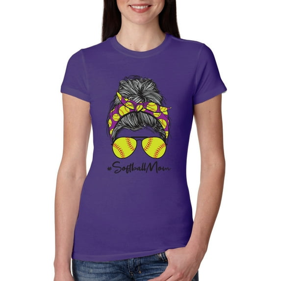 Wild Bobby, Messy Bun Softball Mom Life Game Day Vibes Sports Lover | Mother's Day Sports Womens Slim Fit Junior Tee, Purple Rush, XL