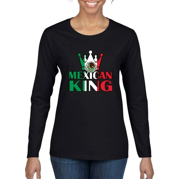 Wild Bobby Mexican King Latin Pride Women Graphic Long Sleeve Tee, Black, Small