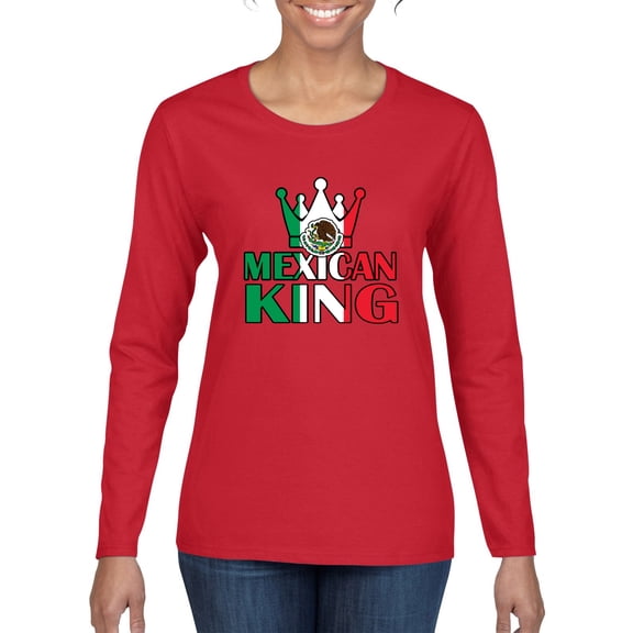 Wild Bobby Mexican King Latin Pride Women Graphic Long Sleeve Tee, Red, Small