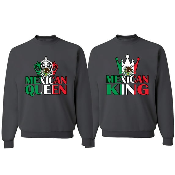 Wild Bobby Mexican King Mexican Queen Valentines Day Outfit His and Hers Matching Couples Crewneck Sweatshirts, Charcoal, Mens 2XL-Womens L