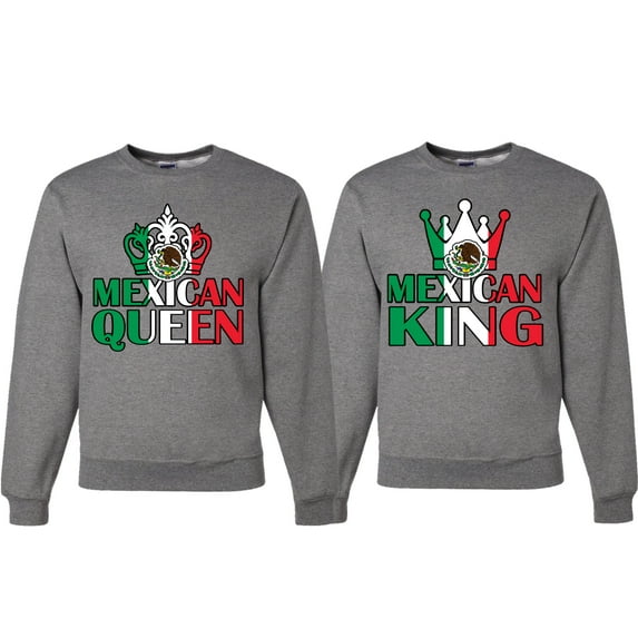 Wild Bobby Mexican King Mexican Queen Valentines Day Outfit His and Hers Matching Couples Crewneck Sweatshirts, Heather Grey, Mens XL-Womens 3XL