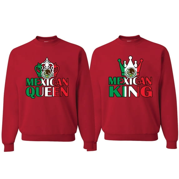 Wild Bobby Mexican King Mexican Queen Valentines Day Outfit His and Hers Matching Couples Crewneck Sweatshirts, Red, Mens 2XL-Womens 3XL