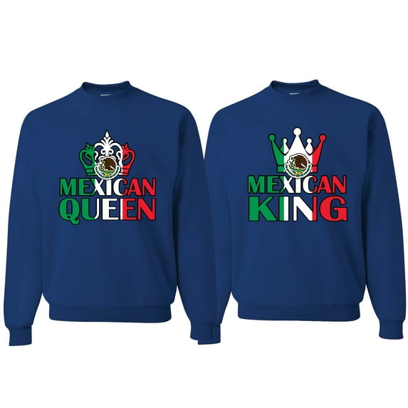 Wild Bobby Mexican King Mexican Queen Valentines Day Outfit His and Hers Matching Couples Crewneck Sweatshirts, Royal, Mens 2XL-Womens L
