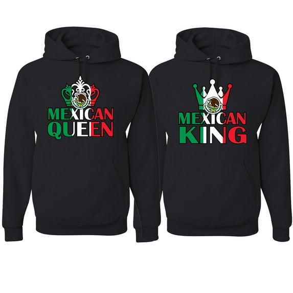 Wild Bobby, Mexican King Mexican Queen Valentines Day Outfit His and Hers Matching Couples Hoodie Sweatshirts, Black, Mens M-Womens XL