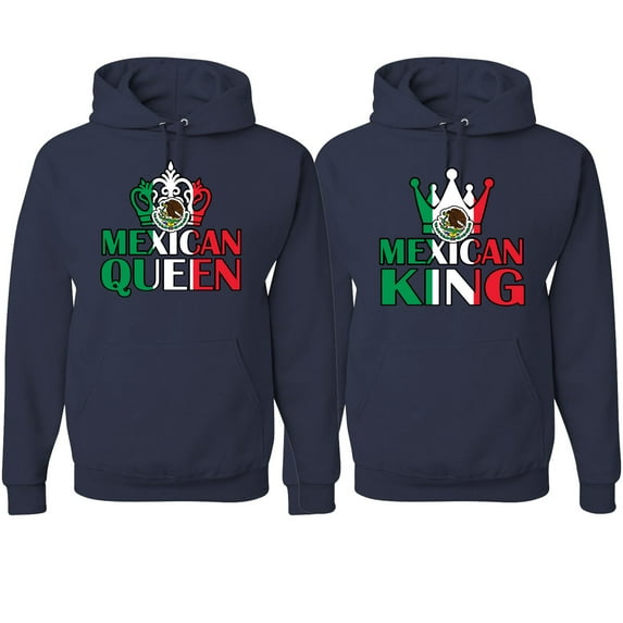 Wild Bobby Mexican King Mexican Queen Valentines Day Outfit His and Hers Matching Couples Hoodie Sweatshirts, Navy, Mens XL-Womens 2XL