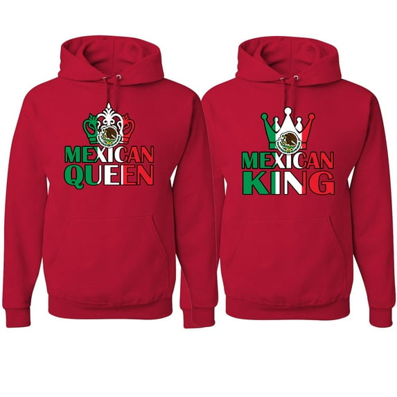 Wild Bobby, Mexican King Mexican Queen Valentines Day Outfit His and Hers Matching Couples Hoodie Sweatshirts, Red, Mens M-Womens 3XL