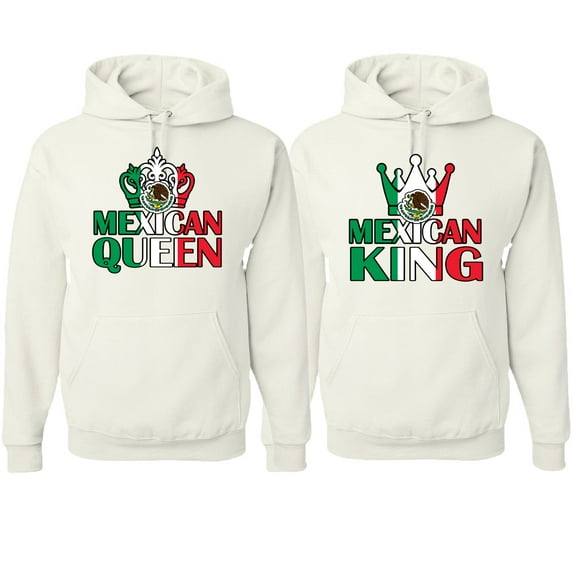 Wild Bobby Mexican King Mexican Queen Valentines Day Outfit His and Hers Matching Couples Hoodie Sweatshirts, White, Mens 2XL-Womens XL