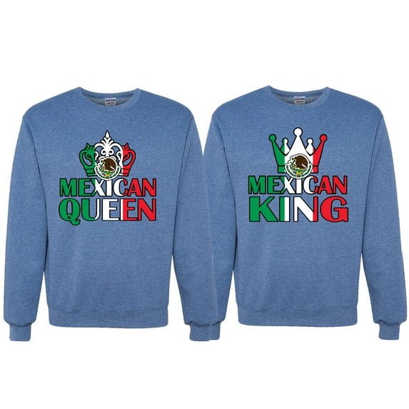 Wild Bobby Mexican King Mexican Queen Valentines Day Outfit His and Hers Matching Couples Crewneck Sweatshirts, Vintage Heather Blue, Mens XL-Womens 3XL