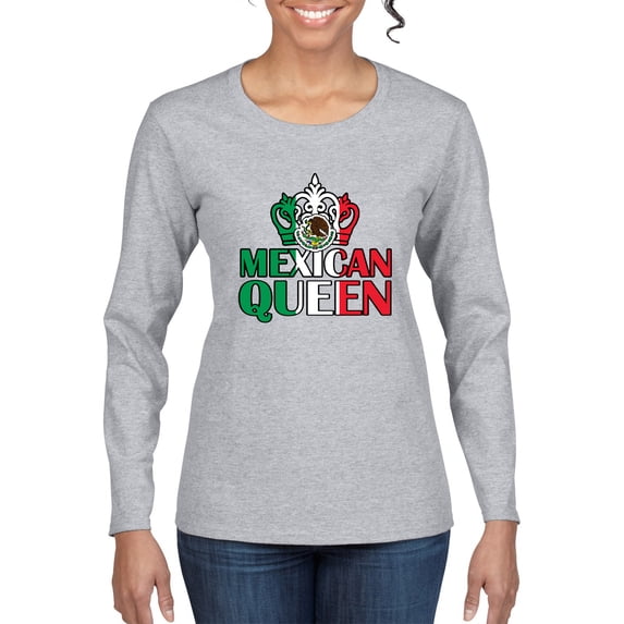Wild Bobby Mexican Queen Latin Pride Women Graphic Long Sleeve Tee, Heather Grey, Large