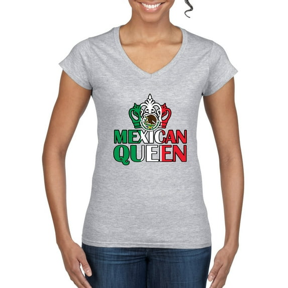 Wild Bobby Mexican Queen Latin Pride Women Standard V-Neck Tee, Heather Grey, Large