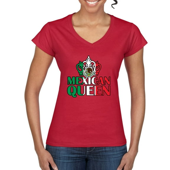 Wild Bobby Mexican Queen Latin Pride Women Standard V-Neck Tee, Red, Small