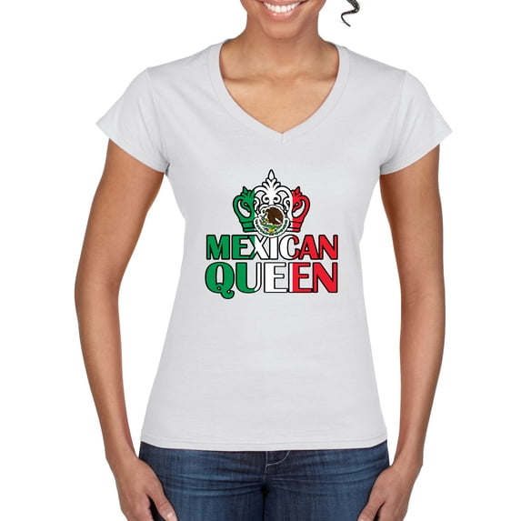 Wild Bobby Mexican Queen Latin Pride Women Standard V-Neck Tee, White, Small