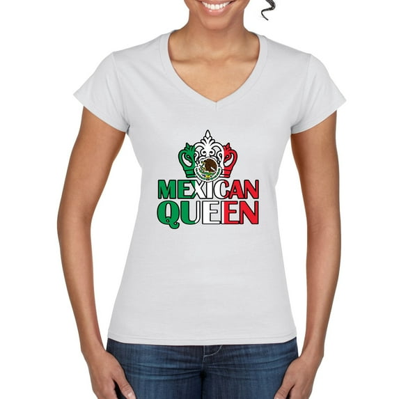 Wild Bobby Mexican Queen Latin Pride Women Standard V-Neck Tee, White, X-Large