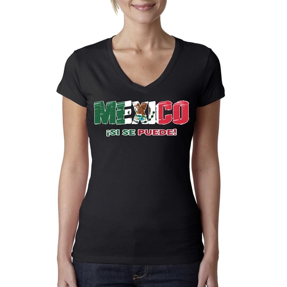 Wild Bobby Mexico Flag Pride Graphic Si Se Puede Eagle Cactus | Unisex Novelty Graphic T-Shirt | Soccer Football Fan Gift for Men Women Junior Fit V-Neck Tee