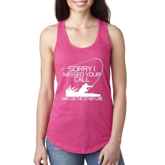 Wild Bobby, Missed Your Call Fishing Line Joke Fishing Ladies Racerback Tank Top, Raspberry, Large