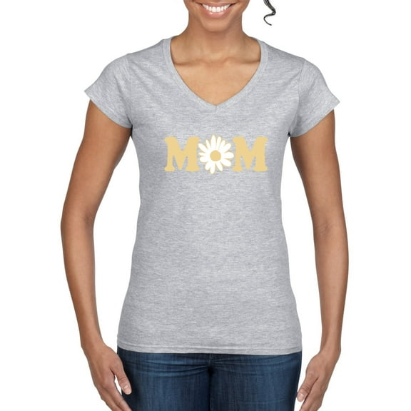 Wild Bobby, Mom Daisy Mother's Day Women’s Standard V-Neck Tee, Heather Grey, Medium