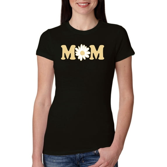 Wild Bobby, Mom Daisy Mother's Day Womens Slim Fit Junior Tee, Black, Small