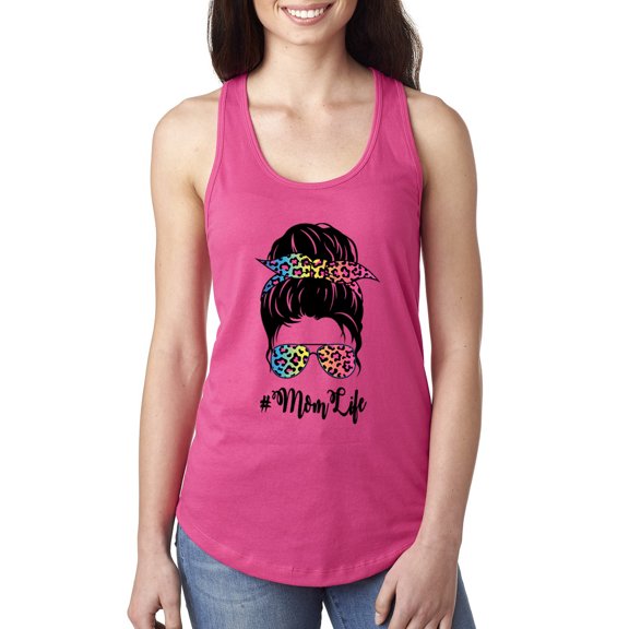 Wild Bobby, Mom Life Messy Hair Bun | Tie Dye Leopard Print Bandana | Funny Mother's Day Mother's Day Ladies Racerback Sleeveless Top, Raspberry, L