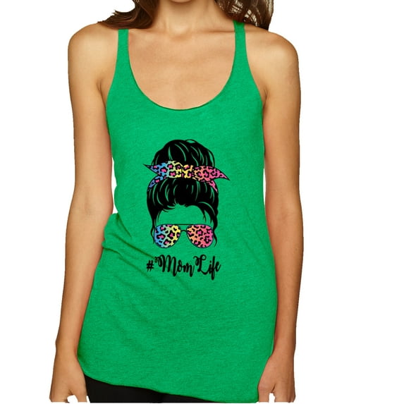 Wild Bobby, Mom Life Messy Hair Bun | Tie Dye Leopard Print Bandana | Funny Mother's Day Mother's Day Tri-Blend Racerback Sleeveless Top, Envy, S