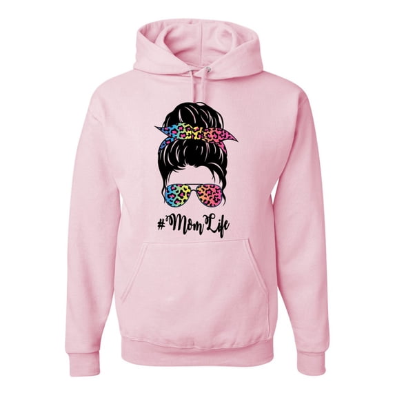 Wild Bobby, Mom Life Messy Hair Bun | Tie Dye Leopard Print Bandana | Funny Mother's Day Mother's Day Unisex Hoodie Sweatshirt, Light Pink, M