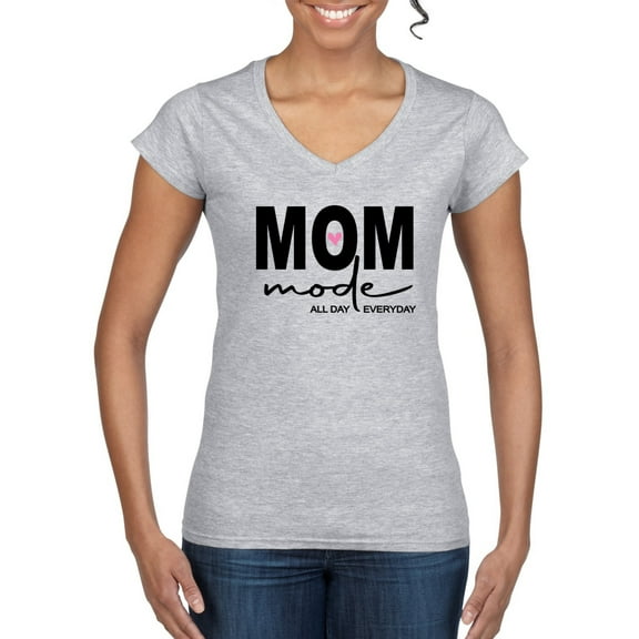 Wild Bobby, Mom Mode All Day Everyday Mother's Day Women’s Standard V-Neck Tee, Heather Grey, X-Large