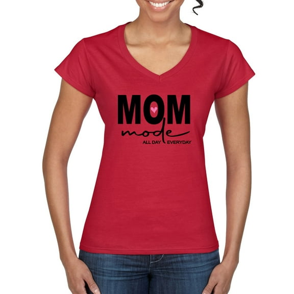 Wild Bobby, Mom Mode All Day Everyday Mother's Day Women’s Standard V-Neck Tee, Red, XX-Large