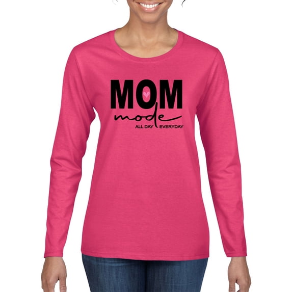 Wild Bobby, Mom Mode All Day Everyday Mother's Day Womens Graphic Long Sleeve Tee, Fuschia, X-Large
