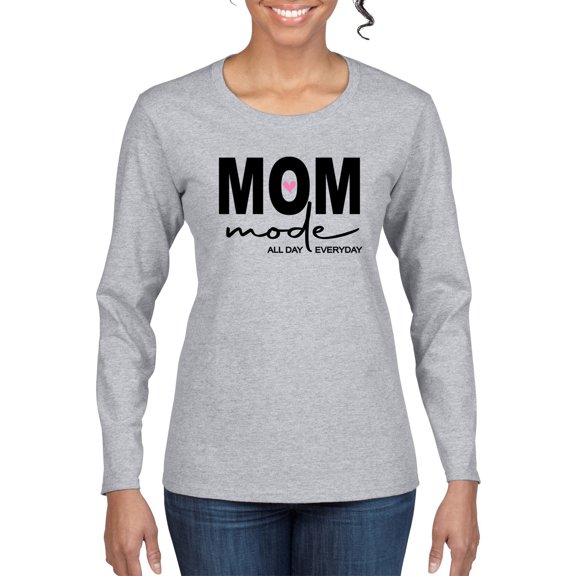 Wild Bobby, Mom Mode All Day Everyday Mother's Day Womens Graphic Long Sleeve Tee, Heather Grey, Medium