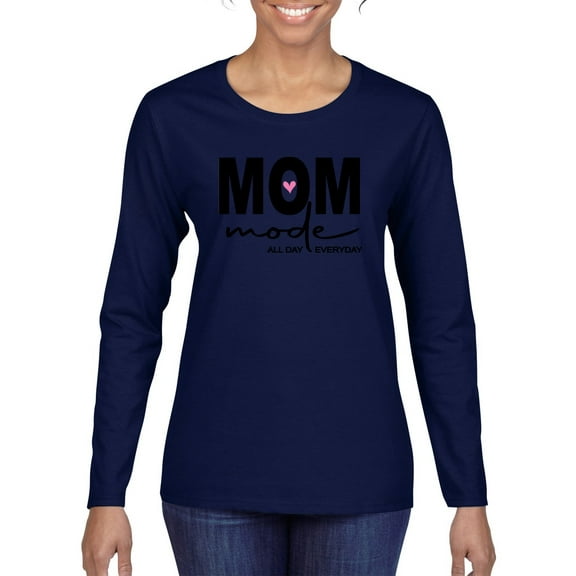 Wild Bobby, Mom Mode All Day Everyday Mother's Day Womens Graphic Long Sleeve Tee, Navy, Large