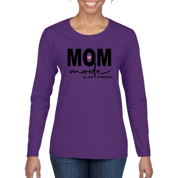 Wild Bobby, Mom Mode All Day Everyday Mother's Day Womens Graphic Long Sleeve Tee, Purple, XX-Large