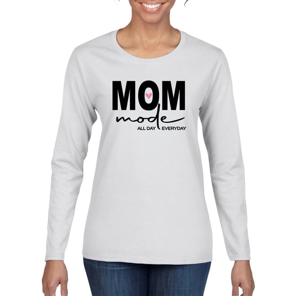 Wild Bobby, Mom Mode All Day Everyday Mother's Day Womens Graphic Long Sleeve Tee, White, XX-Large