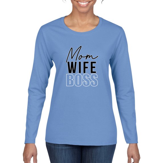 Wild Bobby, Mom Wife Boss Mother's Day Womens Graphic Long Sleeve Tee, Light Blue, Small