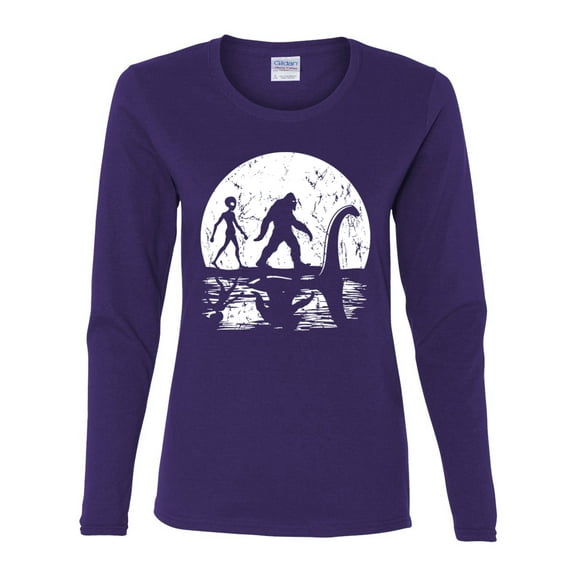 Wild Bobby Moon Silhoutte Bigfoot Shadow Big 3 Myths Women Graphic Long Sleeve Tee