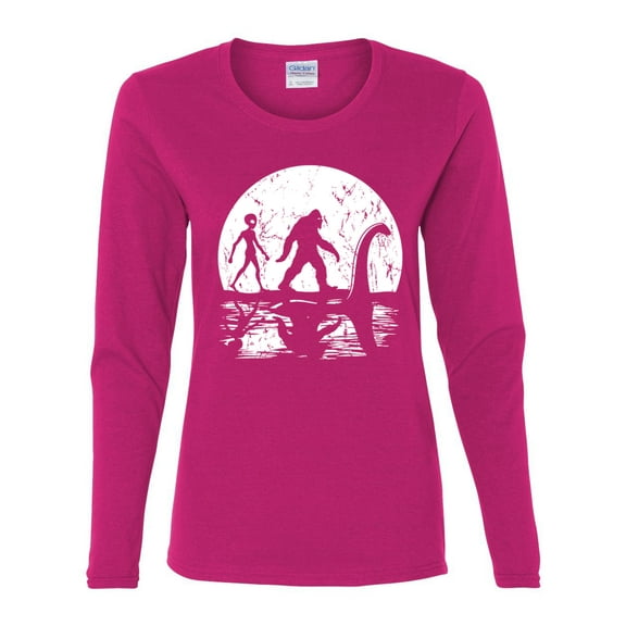 Wild Bobby Moon Silhoutte Bigfoot Shadow Big 3 Myths Women Graphic Long Sleeve Tee