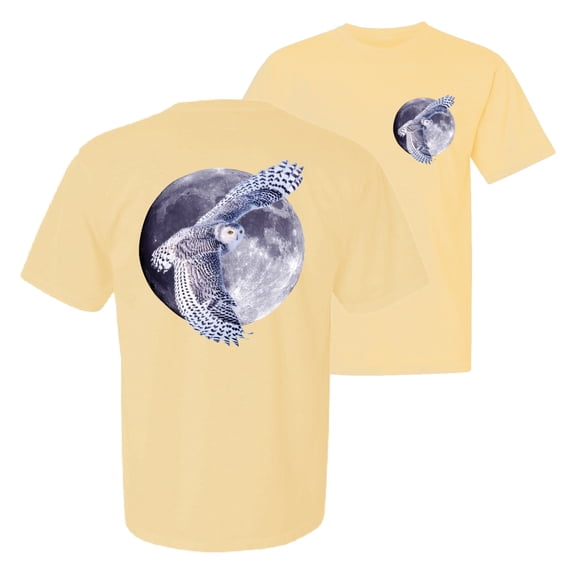 Wild Bobby, Mosaic Full Moon Owl Winter Snow, Animal Lover, Front and Back Garment-Dyed Short Sleeve Tees, Banana, 2XL