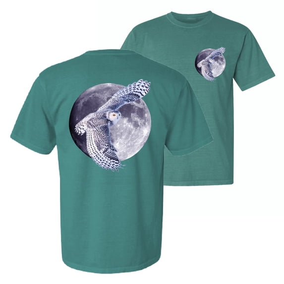 Wild Bobby, Mosaic Full Moon Owl Winter Snow, Animal Lover, Front and Back Garment-Dyed Short Sleeve Tees, Emerald, Medium