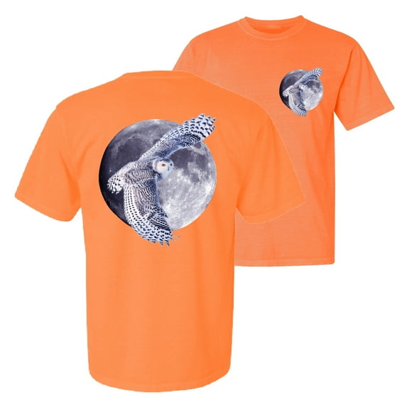 Wild Bobby, Mosaic Full Moon Owl Winter Snow, Animal Lover, Front and Back Garment-Dyed Short Sleeve Tees, Neon Orange, X-Large