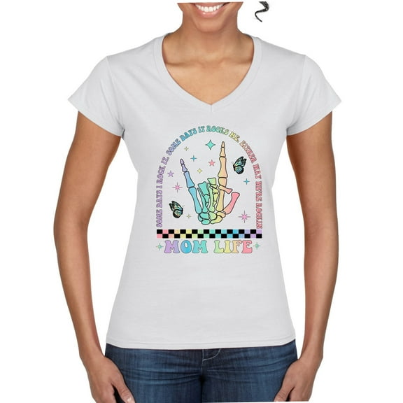 Wild Bobby Motherhood Some Days I Rock It Skeleton Hand Women Standard V-Neck Tee