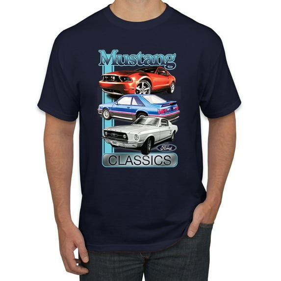 Wild Bobby Mustang Ford Classics Cars and Trucks Men Graphic Tee, Navy, X-Large