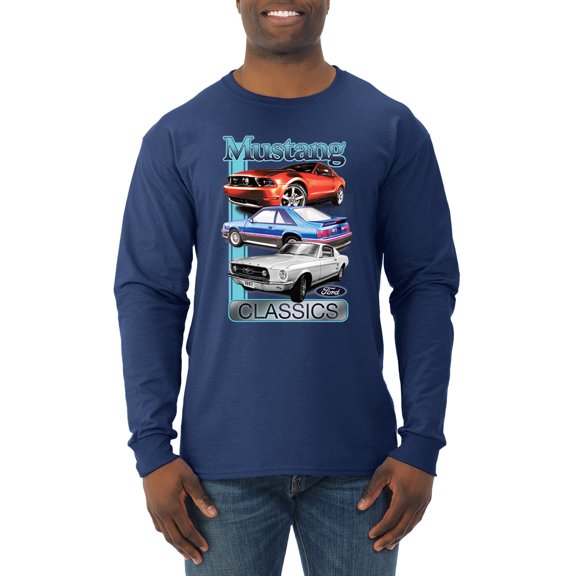 Wild Bobby, Mustang Ford Classics Cars and Trucks Men Long Sleeve Shirt, Navy, Small